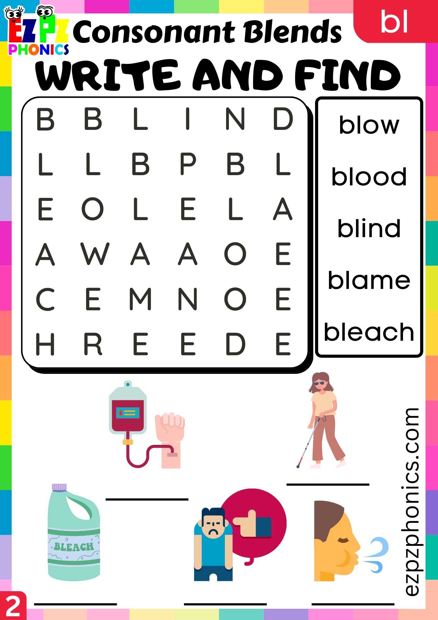 Group2 BL Words Write And Find Phonics Consonant Blends Worksheet